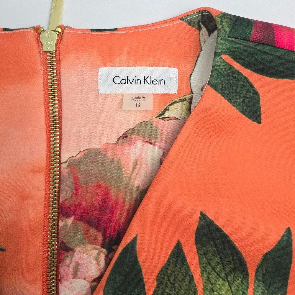 Calvin Klein Floral Print Sleeveless Zipper Back Closure Dress Orange Multi 12‎ - Picture 3 of 8